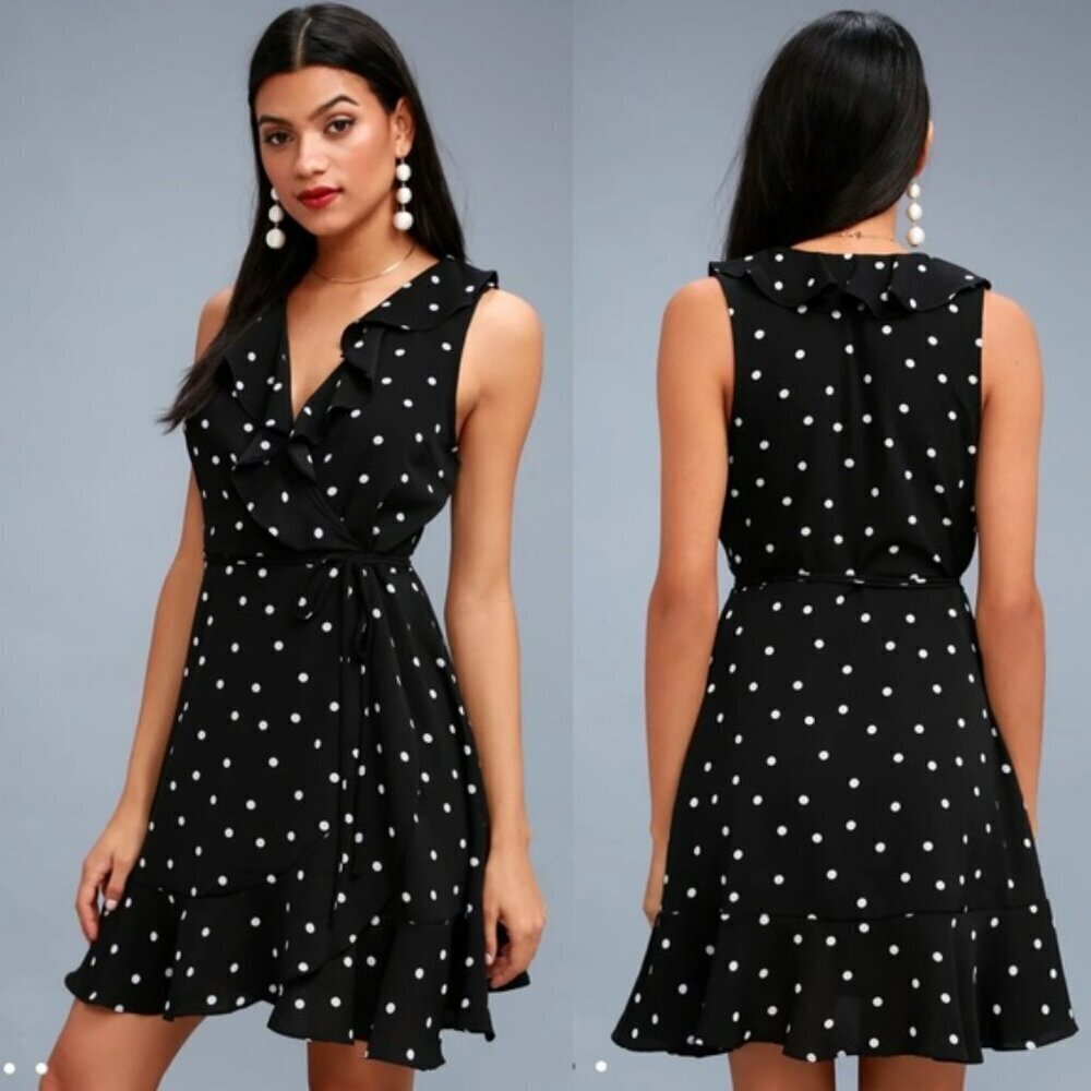 Lulu's Nightlife Black White Polka Dot Sleeveless V-neck Mini Wrap Dress XS